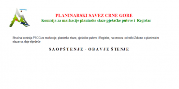 SAOPSTENJE Planinarski savez Crne Gore Komisija za markacije